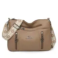 Khaki women's multi-zipper crossbody bag with ethnic patterned wide shoulder strap. - Khaki
