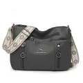 Grey pebbled leather crossbody bag with vintage ethnic patterned wide strap for women - Gray