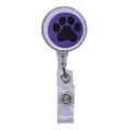 Detailed view of a purple retractable ID badge reel featuring a black cat paw print - Purple and Black Cat Paw Style (13)