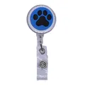 Close-up of blue retractable ID badge reel featuring a black cat paw print design - Blue and Black Cat Paw Style (12)