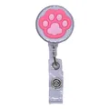 Close-up detail of the pink cartoon cat paw retractable badge reel and ID holder clip. - Pink Cat Paw Style (09)