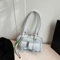 Stylish light blue casual Boston shoulder bag with dual front pockets and cute charm - Style With Charm (FM8513) / Blue