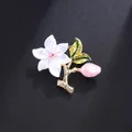 Vintage-style enamel flower brooch featuring a pink rhinestone center and golden branches - Five-Petal Flower with Green Leaves Style (Style 6)