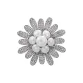Elegant silver flower brooch with white pearls and sparkling rhinestones - Flower Shape / Platinum (TXZ112)