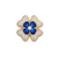 Elegant four-leaf clover brooch with blue heart crystals and pavé cubic zirconia - Clover - Champagne Gold Blue (TXZ154)