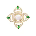 Elegant gold-plated flower brooch with large white pearl and green marquise crystals - Champagne Gold Green (TXZ147)