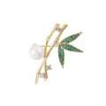 Elegant gold-tone bamboo brooch featuring white pearl and green micro-pave stones - Gold Pearl Bamboo (TXZ922013)