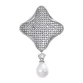 Elegant silver-tone four-pointed star brooch with pavé crystals and teardrop pearl drop - Teardrop - Silver (TXZ182)