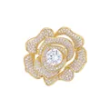 Elegant golden rose flower brooch fully paved with shimmering cubic zirconia crystals - Camellia - Champagne Gold (TXZ183)