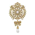 Detailed view of a vintage gold crystal brooch with pearls and a bow-shaped drop - Gold Base White Pearl Style (XD7208-1)
