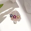 Elegant umbrella-shaped crystal brooch with colorful floral accents and rose gold finish - Rose Gold Small Umbrella