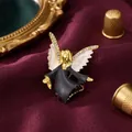 Elegant French vintage angel brooch with sparkling rhinestones on white and black enamel - Small Angel (XD11368) / Black