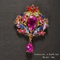 Vintage palace style teardrop brooch with colorful crystals and a pink centerpiece drop - Rose Red Style (XD145-7)