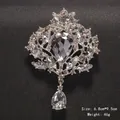Exquisite large waterdrop crystal brooch in silver finish with a teardrop hanging pendant - Silver Style (XD145-1)