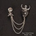 Silver gothic skull and ox head double chain brooch for men suit lapel pin accessory. - 2.2cm*12.2cm / Silver Bull Head Shield