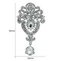 Ornate silver-tone waterdrop crystal brooch with clear rhinestones, size 95mm x 50mm - Silver Hollow Scroll Pattern Water Drop Style (XD7666-1)