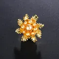 Elegant mini golden camellia flower brooch pin featuring champagne pearls accessory - Gold Base with Golden Yellow Pearl