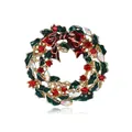 Christmas wreath brooch with red crystals and green enamel leaves for holiday outfits - Christmas Wreath Style (xd7433)