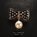 Elegant black enamel bow brooch with sparkling rhinestones and teardrop pearl charm - Black Enamel Rhinestone Bowknot Pearl (XD9436) / 3.4x3.5cm / Black Enamel Bowknot Pendant Pearl (Gold)