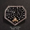 Elegant pentagonal black enamel brooch with bee motif and sparkling rhinestone trim - Queen Bee Badge Style (XD10503)