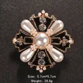 Elegant vintage gold-tone cross brooch with pearls, black enamel and rhinestones - Vintage Cross Medal Style (XD8491)