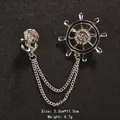 Silver nautical chain brooch with anchor and ship wheel for suits, 80-100 chars. - 3.3cm*11.5cm / Silver Anchor & Wheel