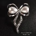 Elegant silver-toned bow brooch featuring teardrop pearls and sparkling rhinestones - Rhinestone Tassel Bowknot Double Pearl (XD9395-1) / 4.3x5.5cm / Tassel Pearl Bowknot (Silver)
