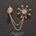 Elegant golden nautical anchor and ship wheel chain brooch badge with rhinestones for suit jackets - 3.3cm*11.5cm / Gold Anchor & Wheel