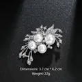 Elegant silver-tone brooch with large white pearls and sparkling rhinestones for women - Flower Cluster Leaf Style (XD1323) / Silver