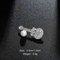 Elegant silver guitar brooch pin with shimmering rhinestones and a pearl detail - Guitar Shape Style (XD7197) / Silver