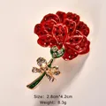 Red enamel carnation flower brooch with sparkling red rhinestones for women - Carnation with Bow Style (Bājiǎo Xuánbīng Cǎo) / 2.8cm*4.2cm