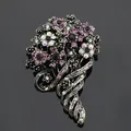 Elegant vintage purple crystal floral bouquet brooch pin for formal suits and coats - Purple Series Antique Silver Bouquet Style (XD5603-5)