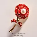 Elegant red carnation flower brooch featuring a white pearl and red bow detail - Carnation with Pearl Center Style (Jiǔfèng Láiyí Jú) / 3.1cm*3.9cm
