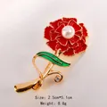 Elegant red enamel carnation flower brooch with white pearl center and golden stem - Slender Carnation with Pearl Style (Xuèsè Tiān'é Wěn) / 2.5cm*5.1cm