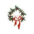 Elegant Christmas wreath brooch pin with red enamel bow and sparkling rhinestones for party dresses - Christmas Wreath Style (XD11392)