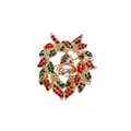 Elegant gold Christmas wreath brooch featuring red green crystals and central bell charm - Christmas Wreath Style (XD7444)