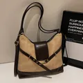 Bolso hobo grande retro bicolor en cuero sintético marrón y acabado de ante para mujer - Caqui