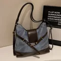 Bolso de hombro retro vintage de mezclilla azul con contraste de gran capacidad mujer - Azul