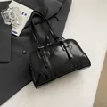 Fashionable black glossy large capacity shoulder underarm bag for women with buckle straps - Black
