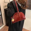 2024 fashion large capacity women's dark red glossy underarm shoulder tote bag - Red with Pendant