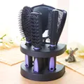 Purple and black 5-piece hair brush and mirror set with stand for styling. - Purple
