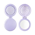 Compact portable purple round folding hairbrush with an integrated vanity mirror. - Purple