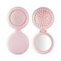 Cute pink foldable hairbrush with integrated mirror, 2-in-1 portable pocket travel comb - Pink