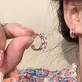 Elegant C-shaped earrings with pink crystals for women, trendy fashion jewelry item - Pink Rhinestone Inlay / Silver Pink Rhinestone Open Style (A1179银)