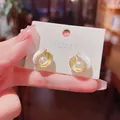Elegant S925 sterling silver stud earrings featuring pearl and gold wave design - Wavy Pearl Style (E4985 Gold) / Gold