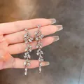 Elegant S925 silver long dangle earrings with micro-paved sparkling clear stones - Vine Leaf Tassel Style (A788) / Silver