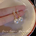 Elegant pearl drop earrings with rectangular crystal and 925 silver needles for women - Rectangular Zirconia Artificial Pearl Drop Style (E5724) / 1 Pair Pack / Gold