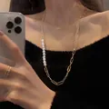 Elegant gold-plated titanium steel necklace featuring a unique half-pearl and link chain design - Versatile Trendy Style (X435 Gold)