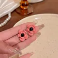 S925 silver needle pink camellia flower stud earrings with black center accent beads - Pink and Black Flower Style (A1506) / Pink