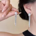 Elegant silver star earrings with long sparkling rhinestone tassels and S925 needles - Pentagram Full Rhinestone Tassel Style (A1519)
